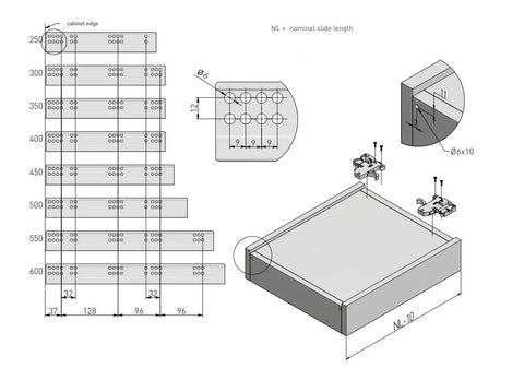 Diagram of 3D Adjustable Soft Close Full Extension Drawer Slides, Undermount Ball Bearing Runners, 250mm, Beefy 30 Kg Capacity