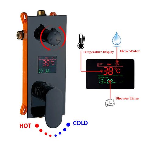 UMJIGF Shower System Black Shower Faucet Set with Led Digital Display showing temperature controls and water flow features.