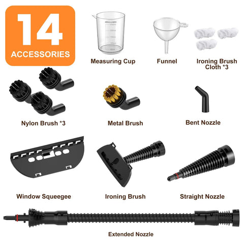 Powerful Portable Handheld Steamer Shooting Scalding Vapor To Wreck Stubborn Pan Grease And Baked On Filth On Tile Linoleum And Fabric Seats With 14 Heavy Duty Tools displayed with accessories.