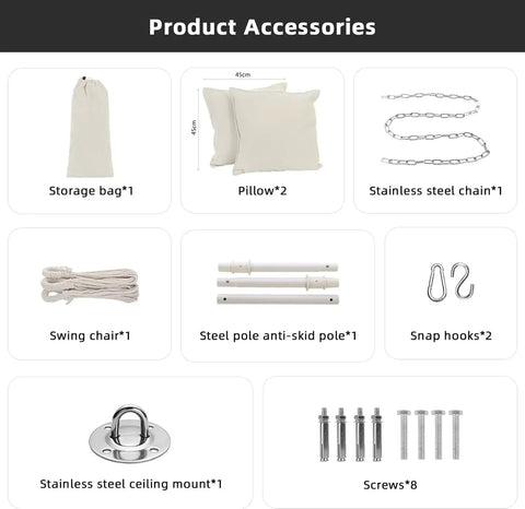 Accessories for Hammock Chair With Rope Swing, Macrame Boho Hanging Chair including cushions, chain, hooks, and mount.