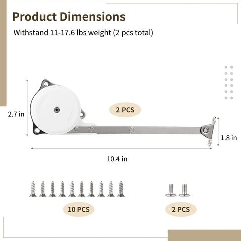 Two Pack Soft Close Toy Box Hinges With Adjustable Lid Dampers dimensions and hardware with size and screws included