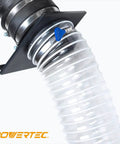 6 Inch Diameter 10 Foot Long Clear Flexible PVC Dust Collection Hose Built Tough With Spring Steel Reinforcement Ultra Flexible Dust Collector Hose For Woodworking And Shop Vac Systems attached to a vacuum port.