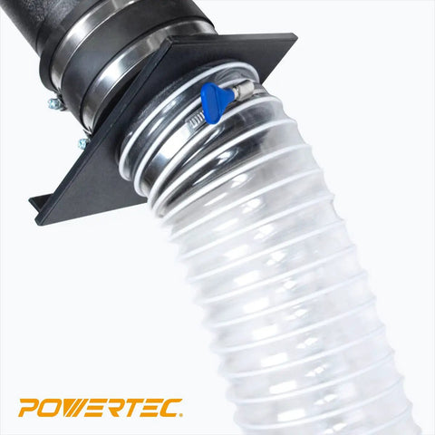 6 Inch Diameter 10 Foot Long Clear Flexible PVC Dust Collection Hose Built Tough With Spring Steel Reinforcement Ultra Flexible Dust Collector Hose For Woodworking And Shop Vac Systems attached to a vacuum port.