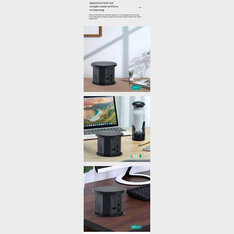 Slick Smart Pop Up Desk Power Strip With Built In Wireless Charging And Auto Lift Design Flame Retardant Hidden Layout No Sweat Installation For Tight Spaces on a wooden desk.