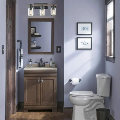 Bathroom with Mason Jar Wall Sconce With Faux Distressed Metal Finish, 3 Light Bath Vanity Lighting above mirror, ETL Listed Hardwired.