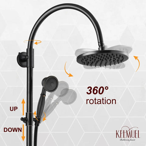 Oil Rubbed Bronze Exposed Shower System With Brass Dual Knobs 8 Inch Rainfall Round Head Handheld Sprayer All In One Three Function Mixer Tub Spout Wall Mounted Shower Faucet Set For Ready To Install And Top Notch Bathroom Upgrade showing 360-degree rotation