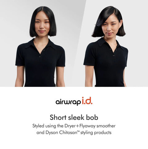 Woman with short sleek bob styled using Limited Edition Airwrap iD Multi Styler And Dryer Straight Plus Wavy In Jasper Plum App Enabled Six In One Hair Tool For Curl Wave Straight Dry And Smooth Styling With No Heat Damage And Bluetooth Control.