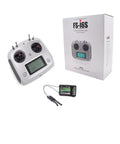 10 Channel 2.4G AFHDS 2A RC Transmitter With FS-iA6B Receiver For Drones And Quadcopters displayed with packaging and receiver