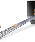 No Sweat Rolling Conveyor Table For Warehouse Unloading And Truck Trailer Loading Light Duty Stainless Steel Manual Slide System Smooth Cargo Moving Platform 20x13 Feet with boxes on a truck ramp.