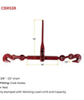 4 Pack Heavy Duty Ratchet Lever Load Binder With Grab Hooks For Three Eighths To One Half Inch Chain 9200 Lbs Working Load Limit 27600 Lbs Break Strength Forged Steel Construction Easy Take Up And Secure Tie Downs For Flatbed Trailers, red binder with grab hooks and measurements shown.