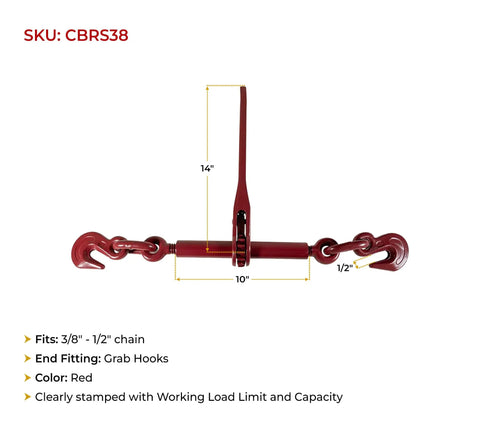 4 Pack Heavy Duty Ratchet Lever Load Binder With Grab Hooks For Three Eighths To One Half Inch Chain 9200 Lbs Working Load Limit 27600 Lbs Break Strength Forged Steel Construction Easy Take Up And Secure Tie Downs For Flatbed Trailers, red binder with grab hooks and measurements shown.