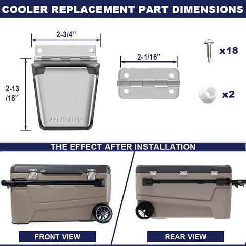 Stainless Steel Cooler Hinge And Latch Set Replacement Parts Kit For Ice Chests includes 3 hinges, 2 latches, and 18 screws.
