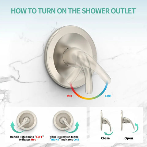 Infographic of shower valve handle showing hot and cold settings for Rain And Handheld Shower System With Five Spray Dual 2 In 1 High Pressure Shower Faucet 3 Way Diverter Brushed Nickel Finish Valve Included For Your Home Upgrade Remodel