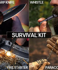 3.74 Inch Sharp Blade Folding Knife With Fire Starter Whistle Paracord Handle Liner Lock EDC, survival uses depicted