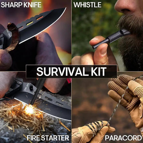 3.74 Inch Sharp Blade Folding Knife With Fire Starter Whistle Paracord Handle Liner Lock EDC, survival uses depicted