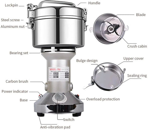 Powerhouse 2000W Grain Mill Grinder 750g High Speed Electric Stainless Steel Pulverizer for dry spices herbs grains coffee