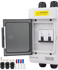 Front view of Beefy Solar Panel Disconnect Switch 125A 1000VDC Two Pole Outdoor DC Shutoff Box with open housing and components