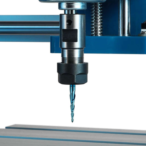 Blue-coated tungsten carbide 2-flute tapered ball-nose end mill, nano blue coat, 1/8 in shank, mounted in CNC spindle