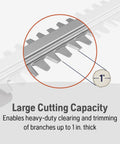 Close-up of the Hedge Master 320iHD60 Cordless Hedge Trimmer Kit blade showing 1 inch cutting capacity for branches