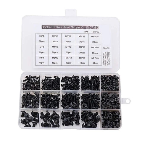 Open box of M3 To M5 Alloy Steel Hex Socket Button Head Screws Kit In Silver For Furniture And DIY Projects Cap Bolts Pack