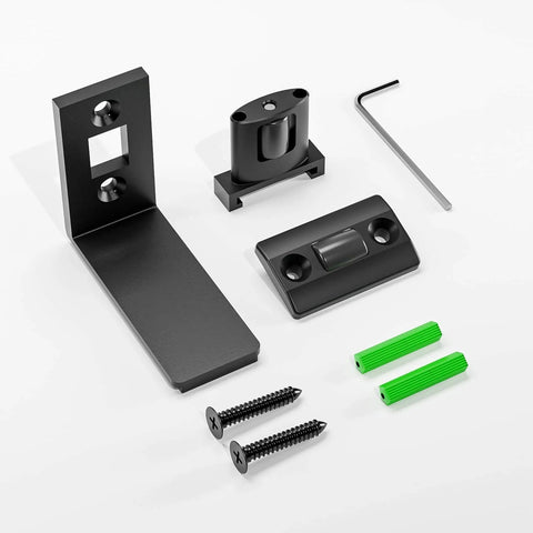 Sliding Barn Door Floor Guide With Adjustable Bottom Rollers, Double Nylon Wheels, Wall Mounted Black Finish, Built To Last Heavy Duty Steel Frame For 1 To 2 Inch Thick Doors, Smooth And Quiet Glide Across Your Home Or Office, installation parts including screws and brackets.