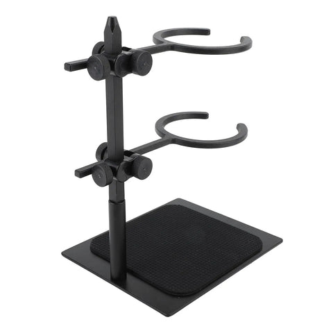 Adjustable Pour Over Coffee Brewer Stand With Double Tier Glass Carafe And Filter Cup Rack featuring black aluminum design.