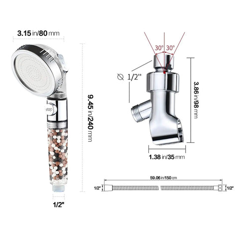 Dimensions of the Filtered Shower Head With Easy On Off Pause Button High Pressure Handheld Detachable Shower Head With Five Foot Hose And Removable Filter Plus Adjustable Angle Bracket Transparent shown