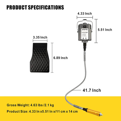 Product specifications for 1000W Flex Shaft Rotary Tool With 30000 RPM Speed, foot pedal and flexible shaft dimensions