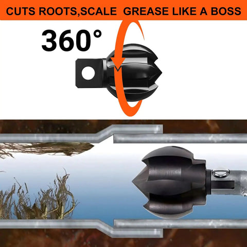 Close-up of 1.2-inch hex root killer cutter for Auto-Feed Electric Drain Snake Auger, showing 360° cutting action.