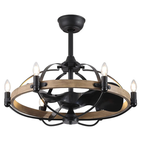 Industrial Caged Ceiling Fan With Lights And Remote Dope Black Eight Blade Fandelier with wooden accents, side view.