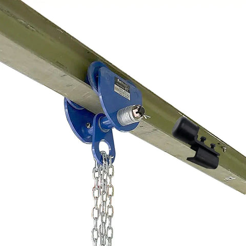 Heavy Duty Trolley Assembly For I Beam With Electric Hoist Limit and Manual Trolley Stopper, shown on an I-beam with chain detail