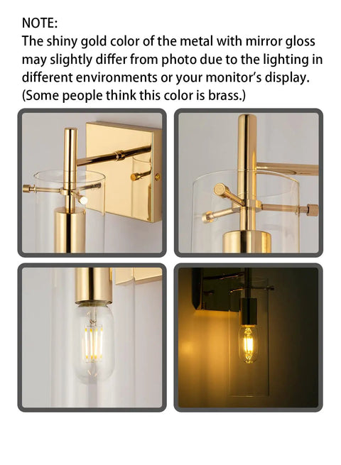 Close-up of Set of 2 Gold Wall Sconces With Clear Glass Shade showing metal mount and light bulb detail, Glam Gold Finish