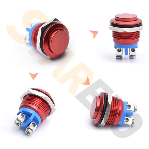 16mm 5/8 Inch Momentary Push Button Switch 1NO SPST Waterproof Aluminum Shell Red Self Reset for Wet or Dusty Environments