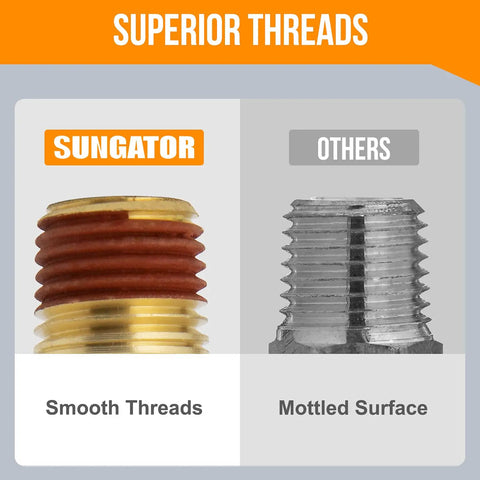 Comparison of 12 Pack Brass Air Hose Fittings Three Eighth Barb To One Quarter NPT Male Adapters highlighting smooth vs mottled threads.