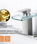 Lit LED Powered Water Glow Bathroom Faucet With Chrome Waterfall Vanity, Single Handle 1 Hole Sink Open Glass Spout Includes Pop Up Drain And 2 Supply Lines Brushed Nickel Finish, shown with solid brass construction