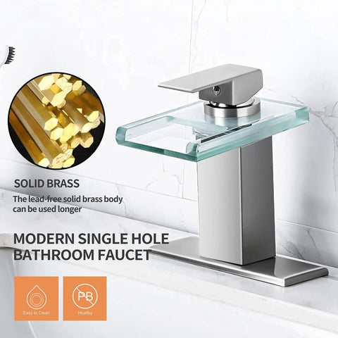 Lit LED Powered Water Glow Bathroom Faucet With Chrome Waterfall Vanity, Single Handle 1 Hole Sink Open Glass Spout Includes Pop Up Drain And 2 Supply Lines Brushed Nickel Finish, shown with solid brass construction