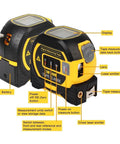 Built Tough 3 In 1 Laser Tape Measure With 130 Foot Range And 16 Foot Digital Ruler showing display, buttons, and laser emitters for measurements.