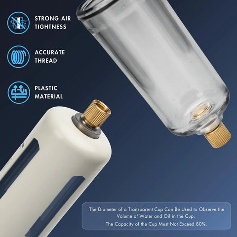 Half Inch NPT Air Pressure Regulator Water Separator with transparent poly bowl and brass filter close-up view.