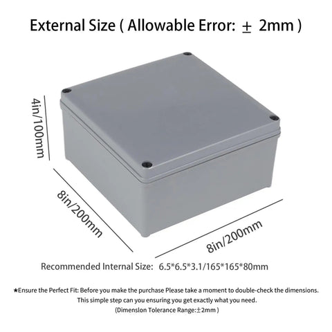 Side view of IP65 Weatherproof 8 By 8 By 4 Inches ABS Junction Box Outdoor Electrical Enclosure with measurements shown.
