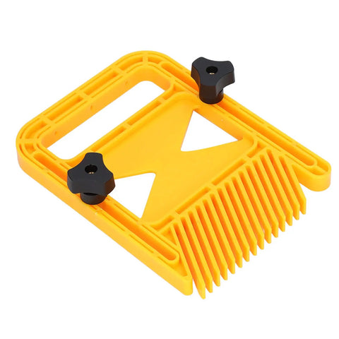 Heavy Duty Extended Plastic Safety Featherboard For Table Saw Woodworking With Miter Gauge Slot And Comfort Grip Knobs, yellow design with adjustment knobs.