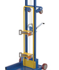 Beefed Up Heavy Duty Gas Cylinder Lifter 500 Lb Capacity Steel Hand Crank Lift with blue-yellow frame and wheels
