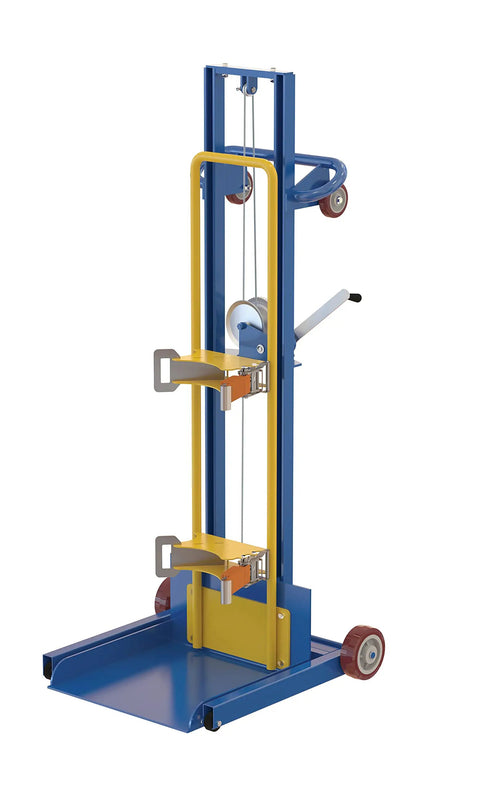 Beefed Up Heavy Duty Gas Cylinder Lifter 500 Lb Capacity Steel Hand Crank Lift with blue-yellow frame and wheels