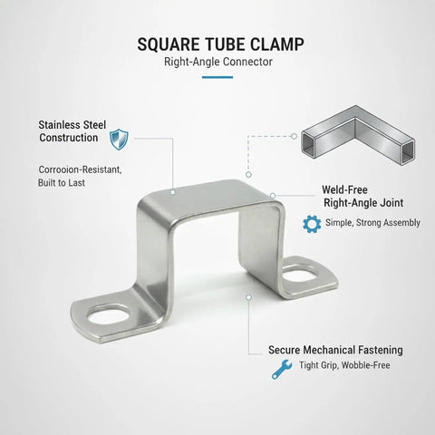 Sturdy Stainless Steel Square Tube Clamp for 0.4 Inch Tubing, 90 Degree Right Angle Frame Connector, Locking Mechanical, No Welding
