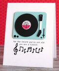 Birthday card with vinyl record design, musical notes, and birthday message, using Music CD Style Clear Stamp And Die Set For Card Making.