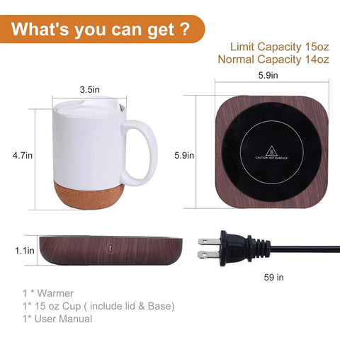 Electric Coffee Mug Warmer With 15 Oz Ceramic Cup And Removable Cork Base, Smart Desk Heater Auto Shut Off with dimensions.
