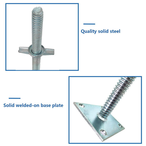 Close-up of solid steel and welded base plate of 4 Pack Adjustable Leveling Jacks With Base Plate For Baker Style Scaffolding.