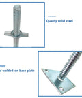 Close-up of solid screw feet legs for scaffolding in a 4 Pack Heavy Duty Adjustable Leveling Jacks With Solid Screw Feet Legs For Scaffolding Hella Sturdy Top Grade Steel Construction No Sweat Leveling Setup.
