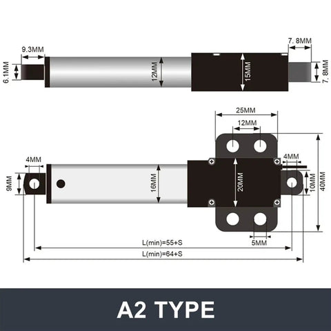 Beefy 24V Electric Linear Actuator With 10mm 30mm 50mm And 100mm Stroke Options For Industrial Automation High Precision Smooth Quiet Motion Reliable Piston Actuator For Tight Tolerances, A2 type dimensions