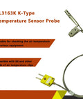 TL3163K K-Type stainless steel air temperature probe with open-hole clip and braided cable (front view)