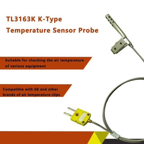 TL3163K K-Type stainless steel air temperature probe with open-hole clip and braided cable (front view)